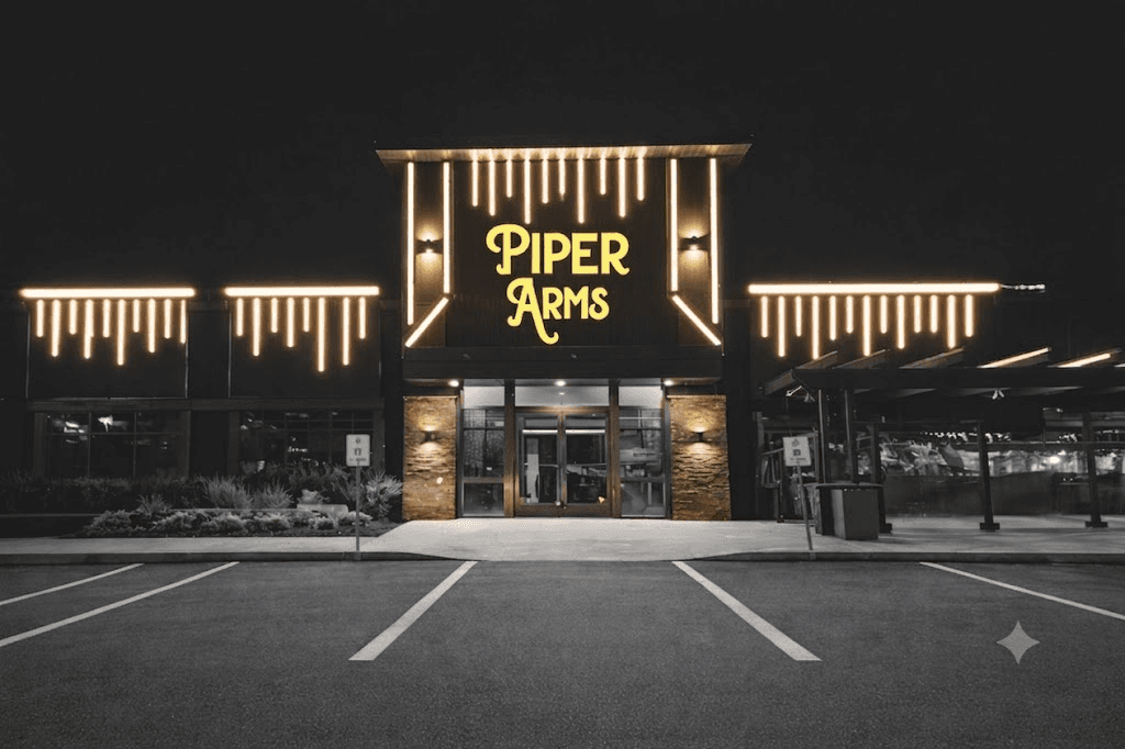 Piper Arms entrance with linear illumination and dimensional lettering