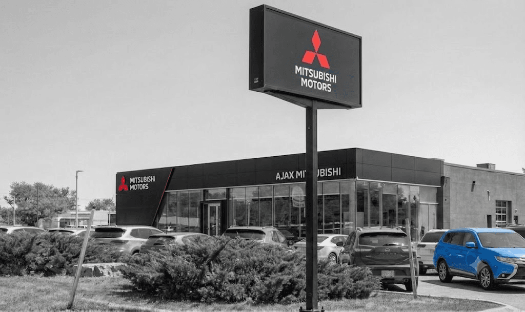 Ajax Mitsubishi building signage and cladding, black and white treatment