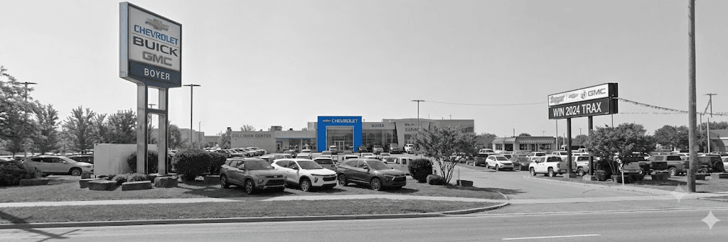 Boyer dealership pylon sign, black and white treatment