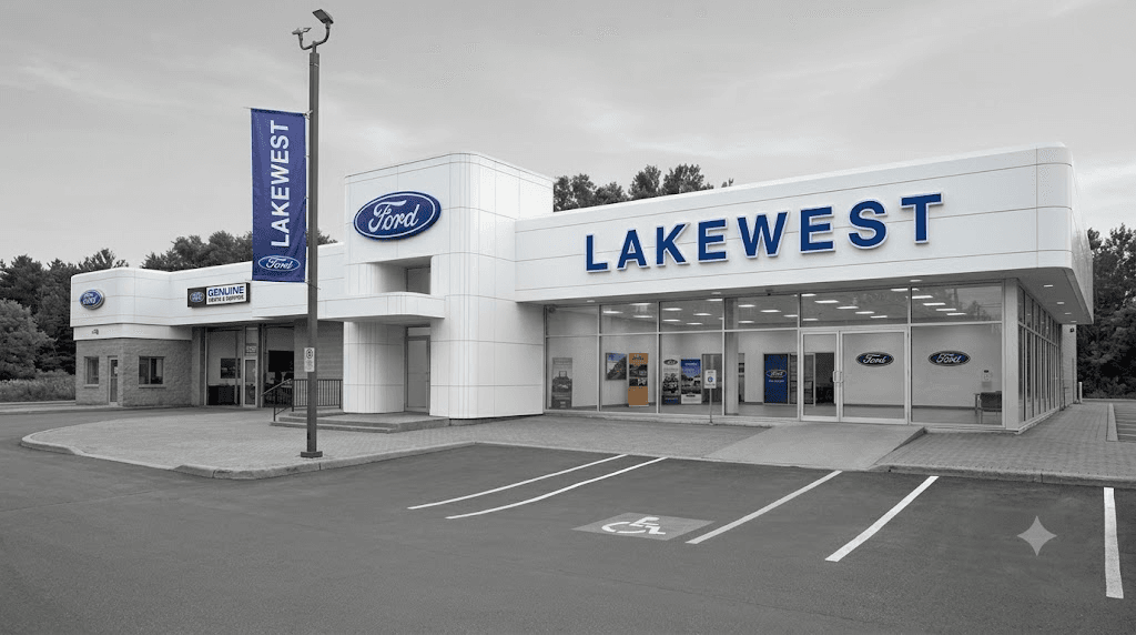 Lakewest Ford showroom entrance with ACM-clad tower feature