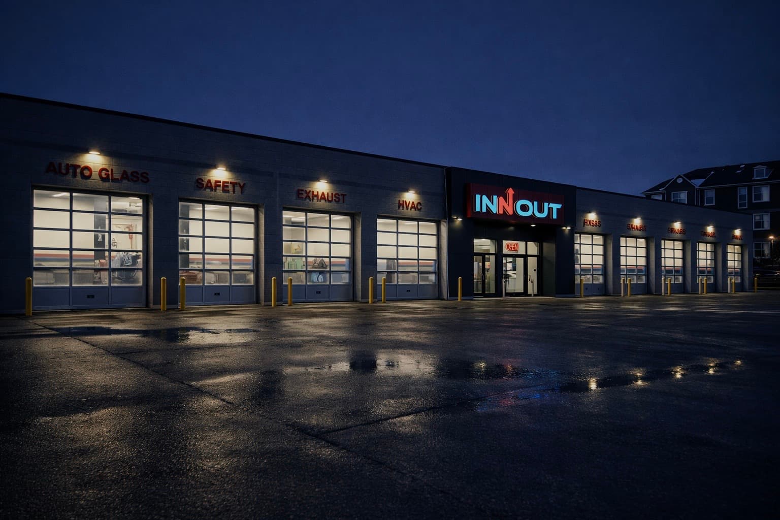 In N' Out Auto Service centre at dusk with illuminated bay signage and channel letters