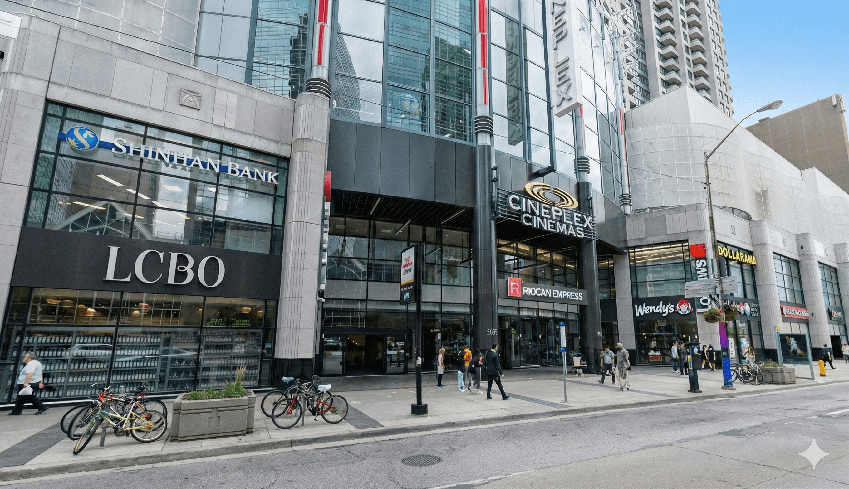 RioCan Empress Walk shopping centre storefront with Cineplex, LCBO, and Wendy's signage