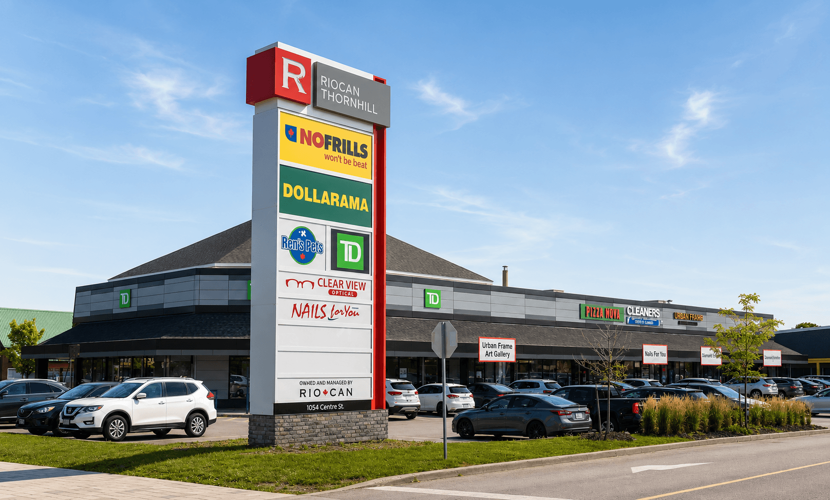 RioCan Thornhill plaza pylon sign listing No Frills, Dollarama, TD, and other tenants